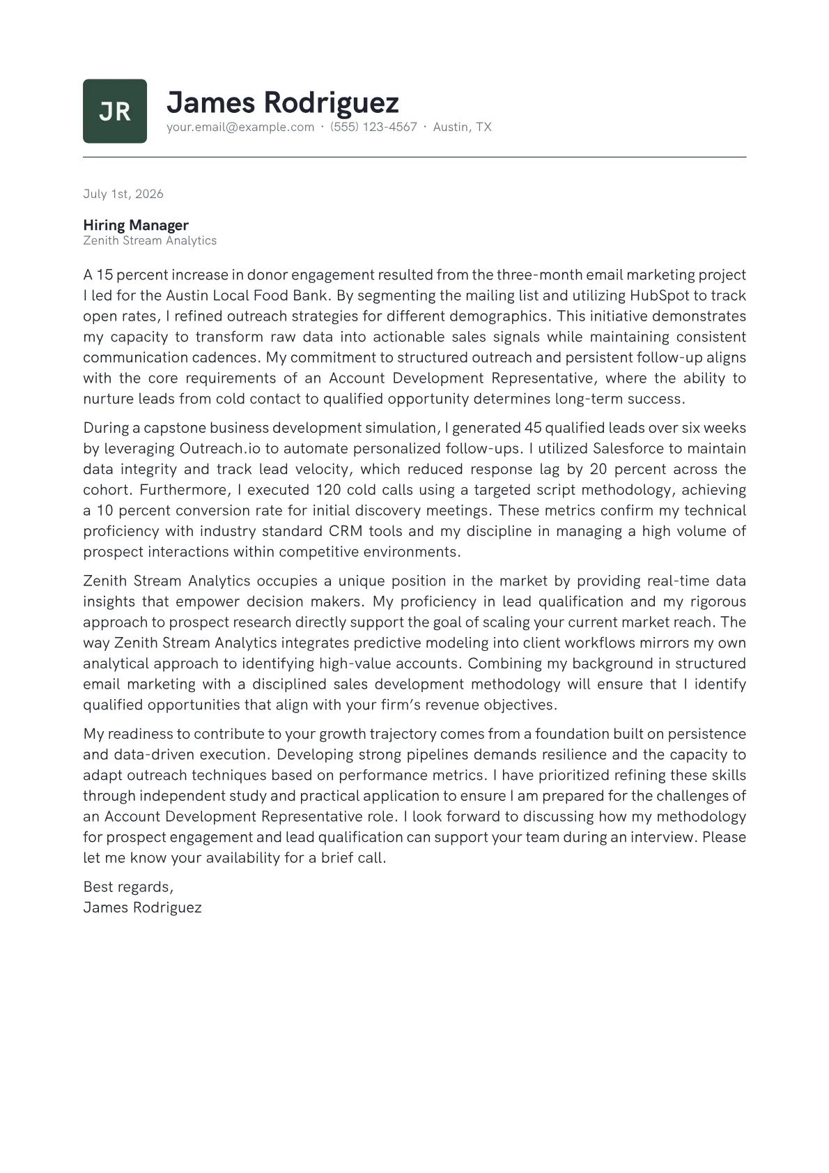 Account Development Representative cover letter in the Emblem design