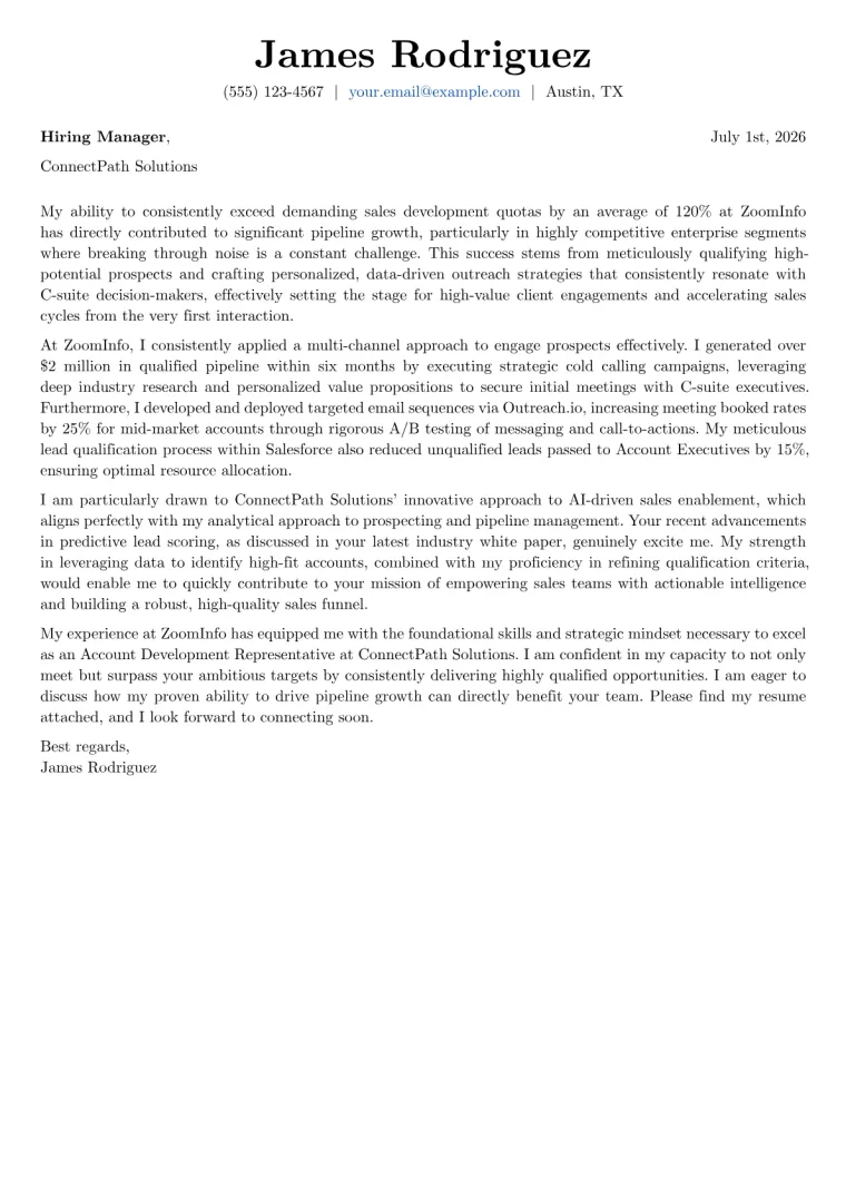 Account Development Representative cover letter example preview