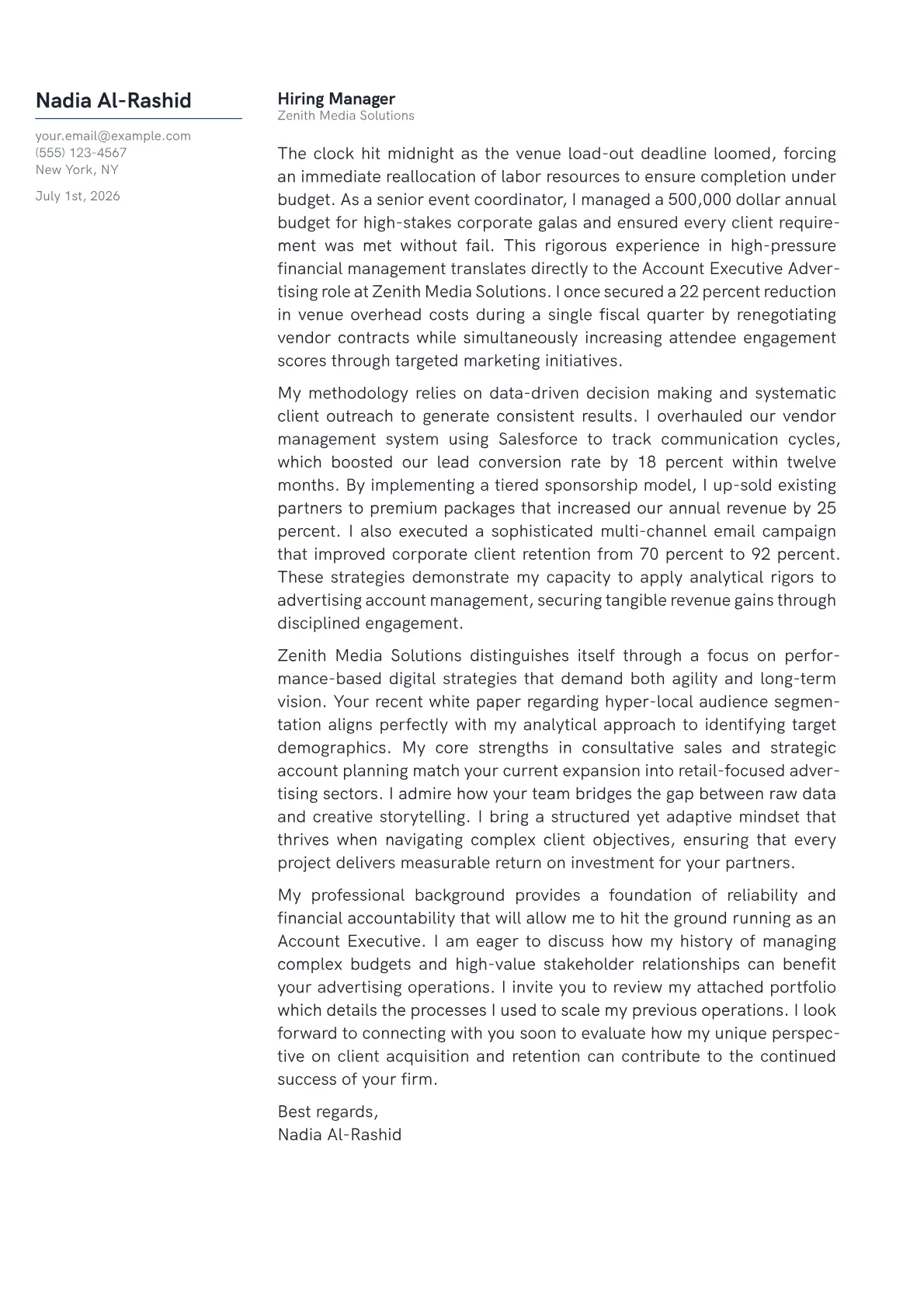 Account Executive Advertising cover letter in the Margin design
