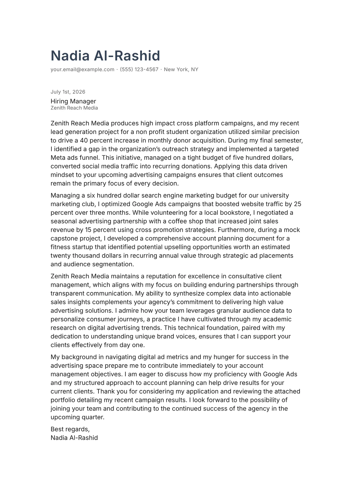 Account Executive Advertising cover letter in the Minimal design