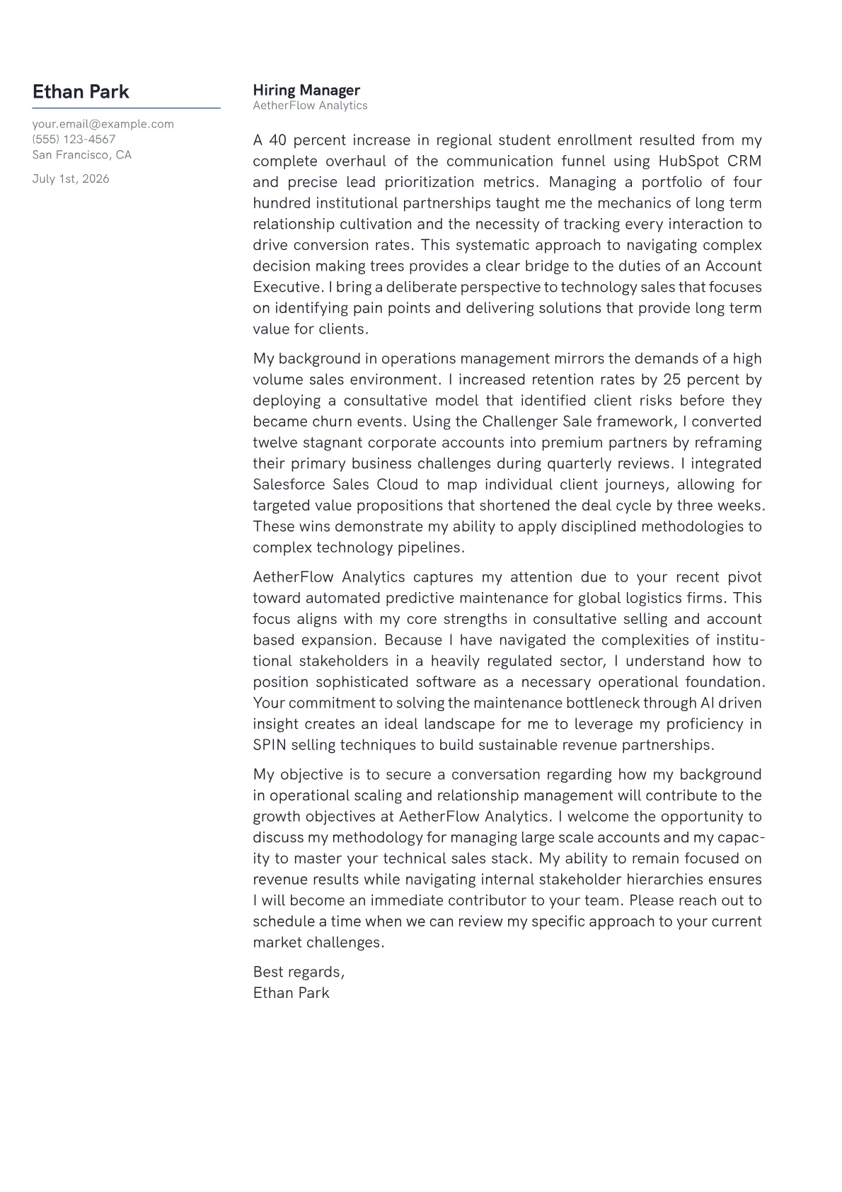 Account Executive cover letter in the Margin design