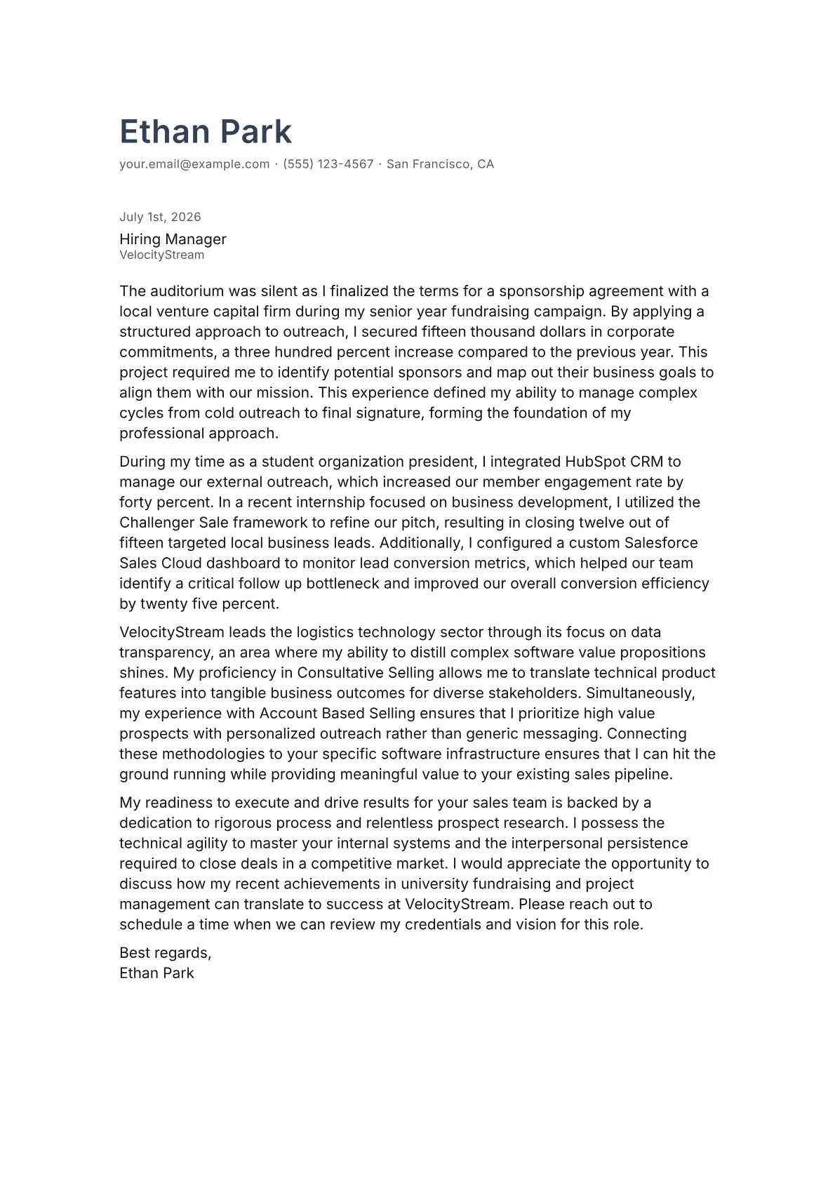 Account Executive cover letter in the Minimal design