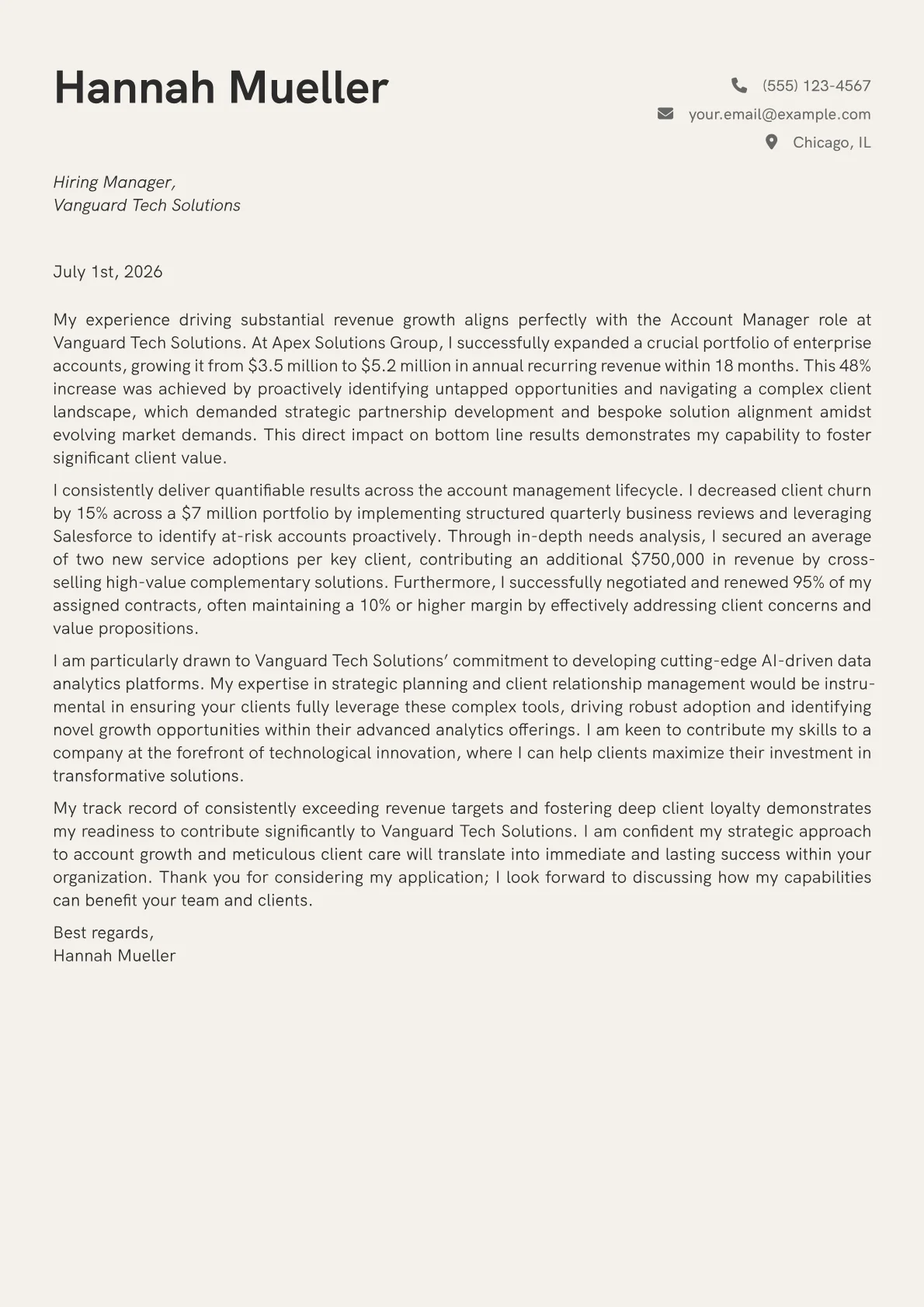 Account Manager cover letter formatted with a JobSprout template