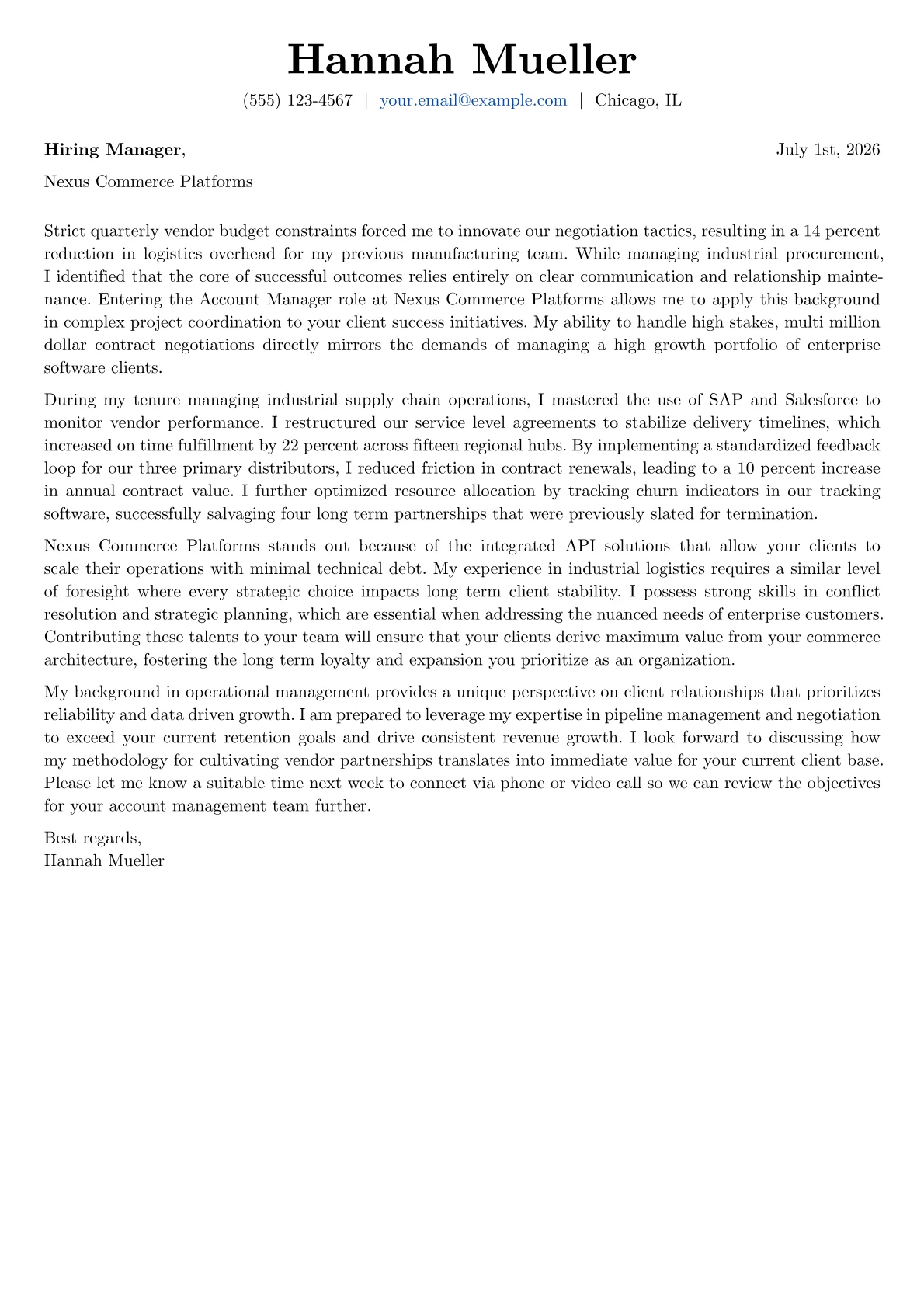 Account Manager cover letter in the Basic design