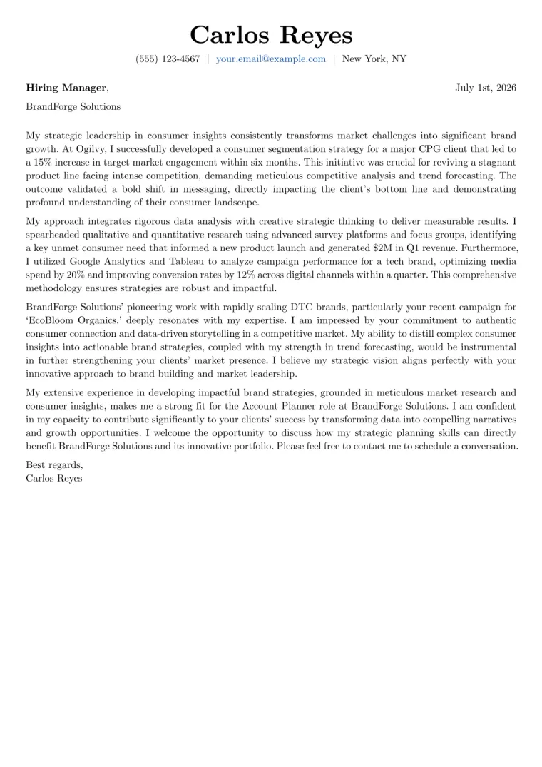 Account Planner cover letter example preview