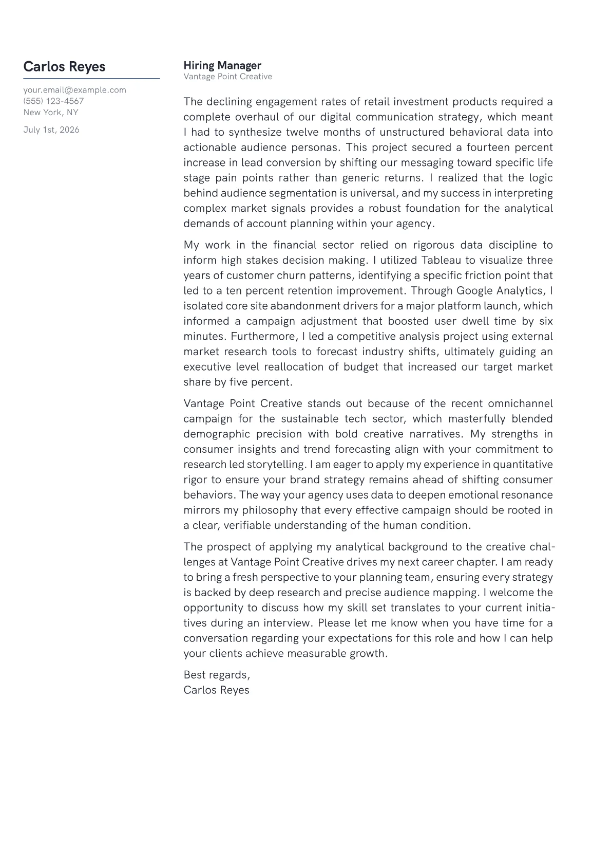 Account Planner cover letter in the Margin design