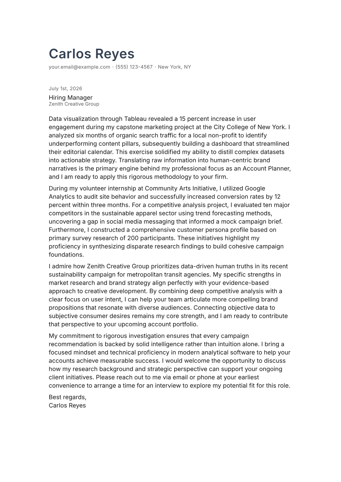 Account Planner cover letter in the Minimal design