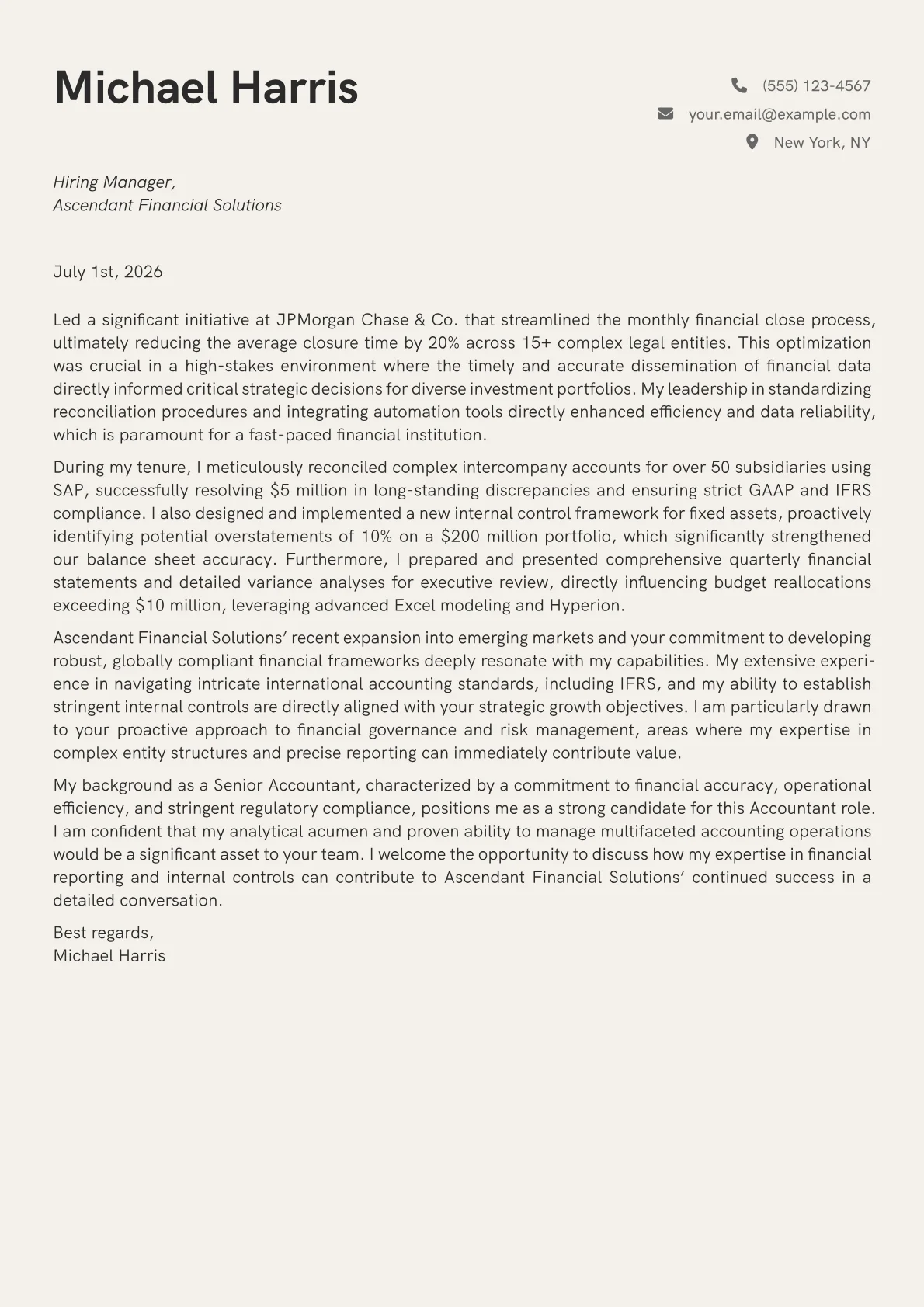 Accountant cover letter formatted with a JobSprout template