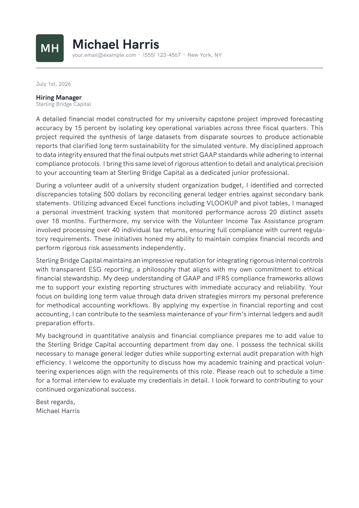 Accountant cover letter in the Emblem design