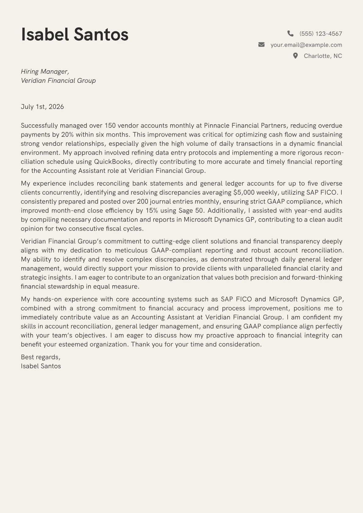 Accounting Assistant cover letter formatted with a JobSprout template