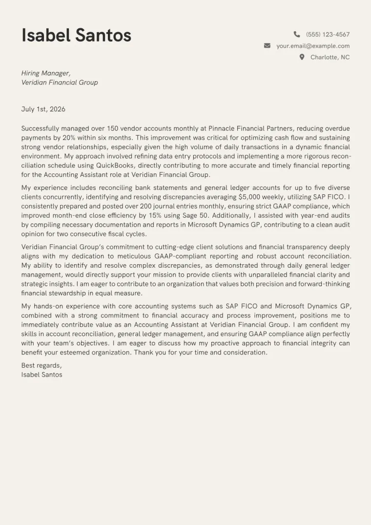 Accounting Assistant cover letter example preview