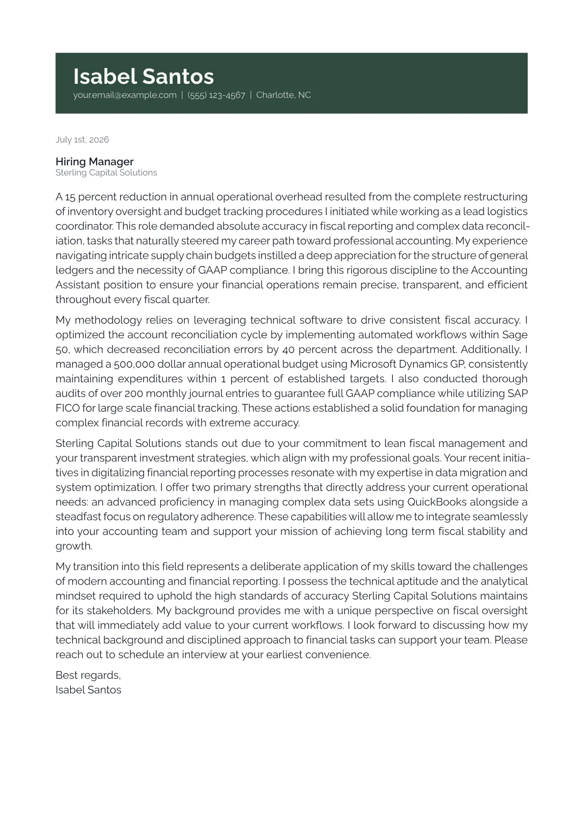 Accounting Assistant cover letter in the Banner design