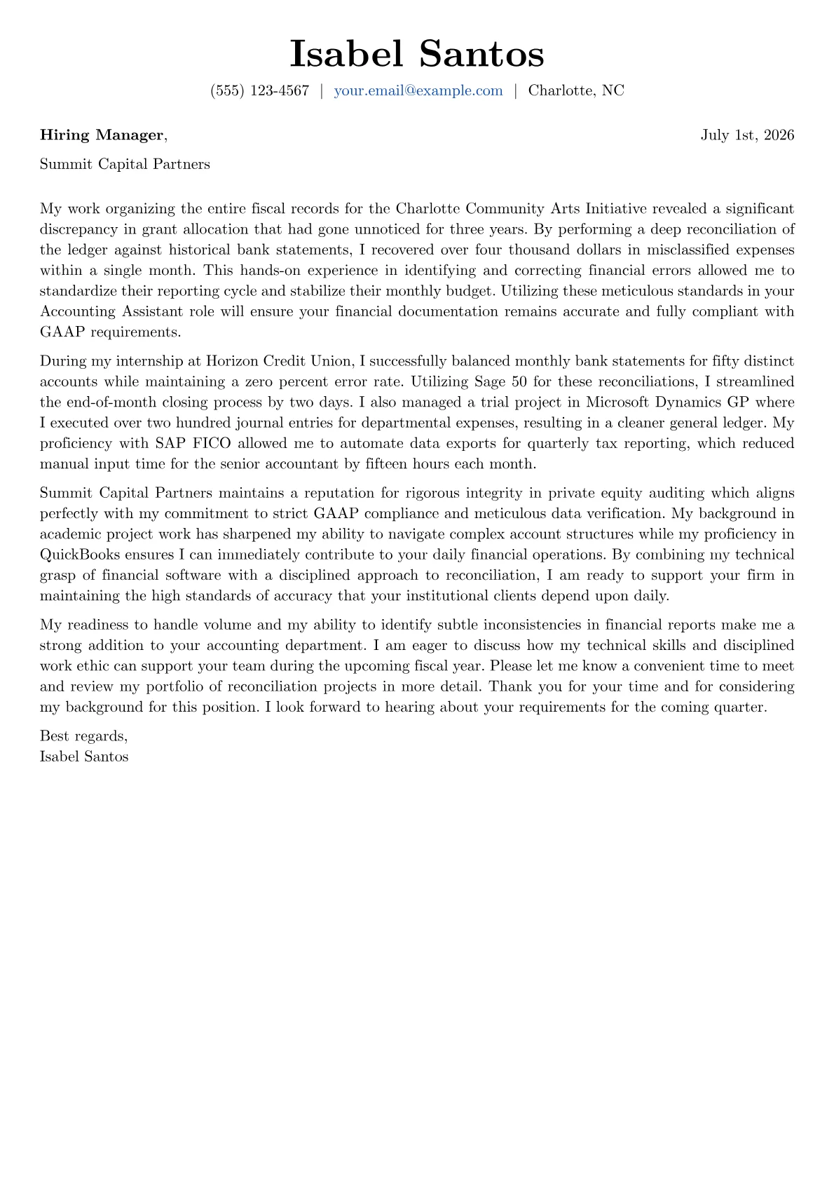Accounting Assistant cover letter in the Basic design