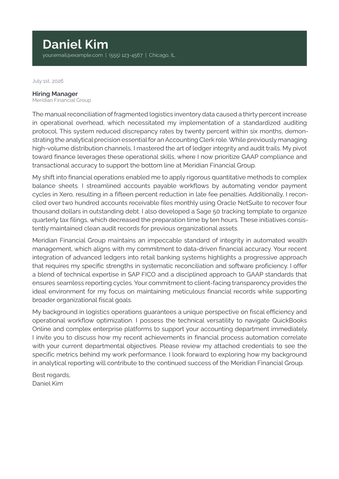Accounting Clerk cover letter in the Banner design