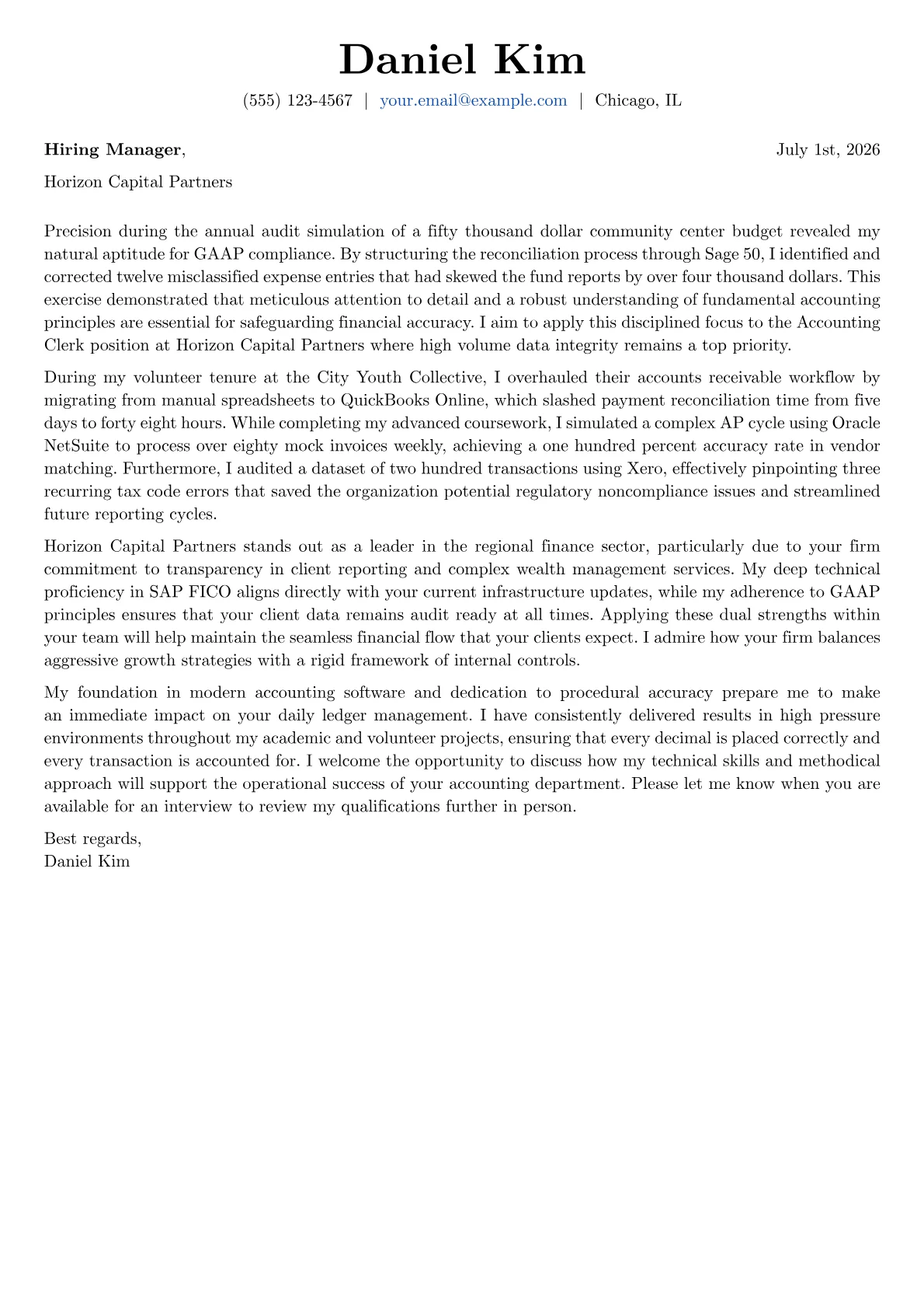 Accounting Clerk cover letter in the Basic design