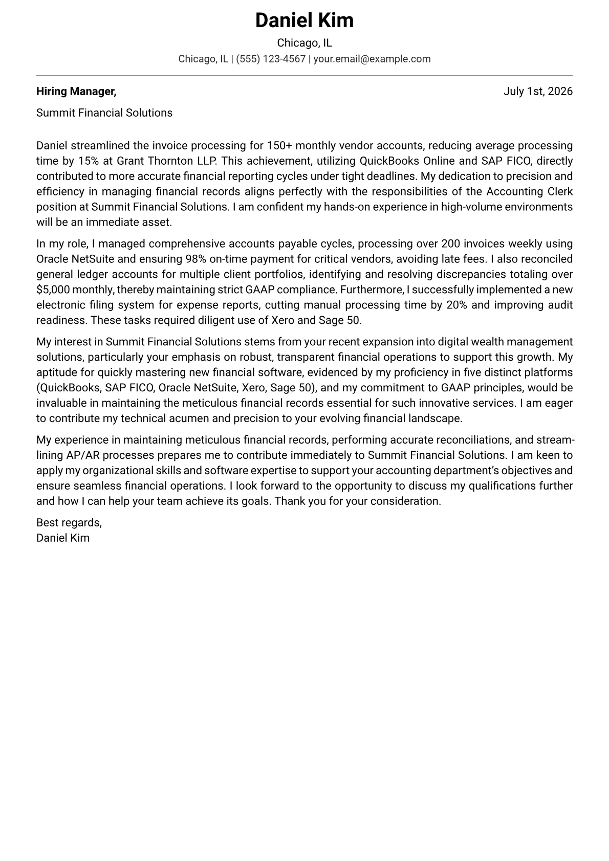 Accounting Clerk cover letter formatted with a JobSprout template