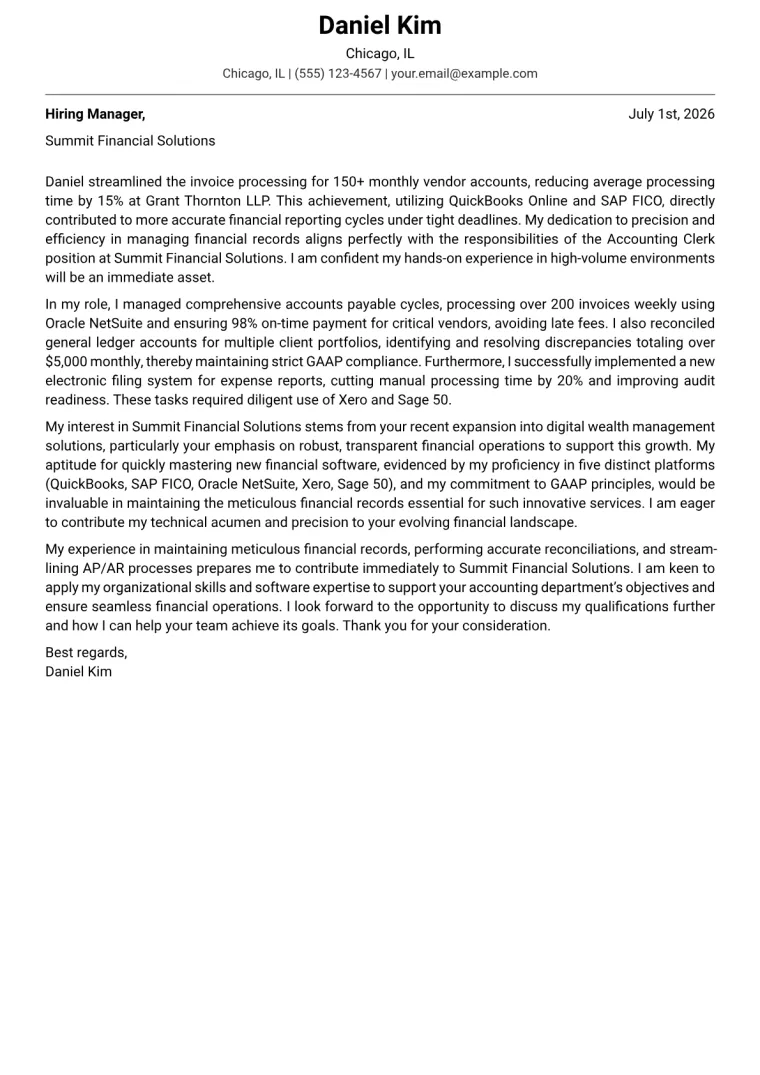 Accounting Clerk cover letter example preview