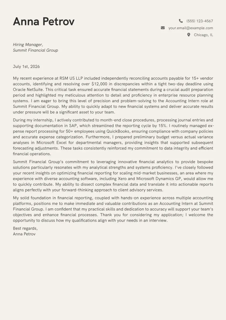 Accounting Intern Cover Letter Example