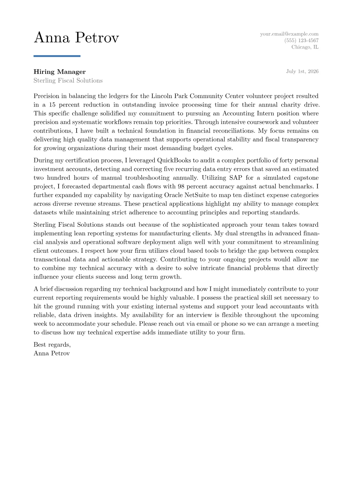 Accounting Intern cover letter in the Executive design