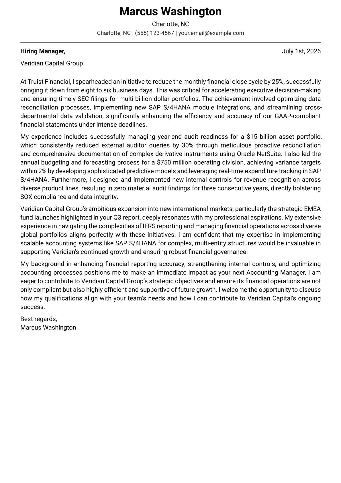 Accounting Manager cover letter formatted with a JobSprout template