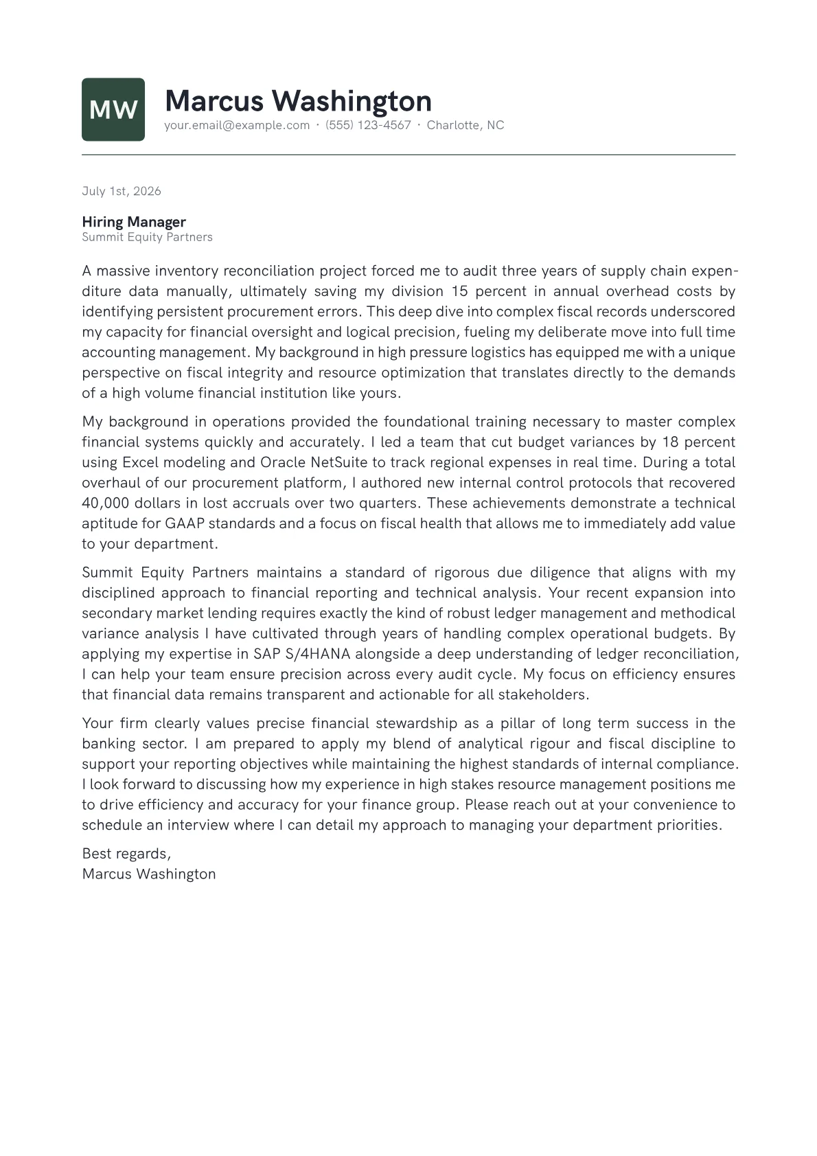 Accounting Manager cover letter in the Emblem design