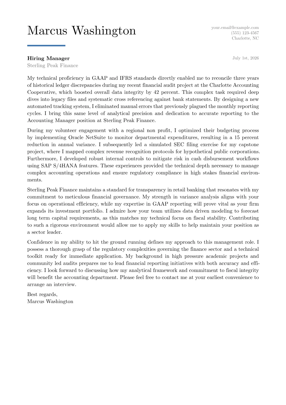 Accounting Manager cover letter in the Executive design