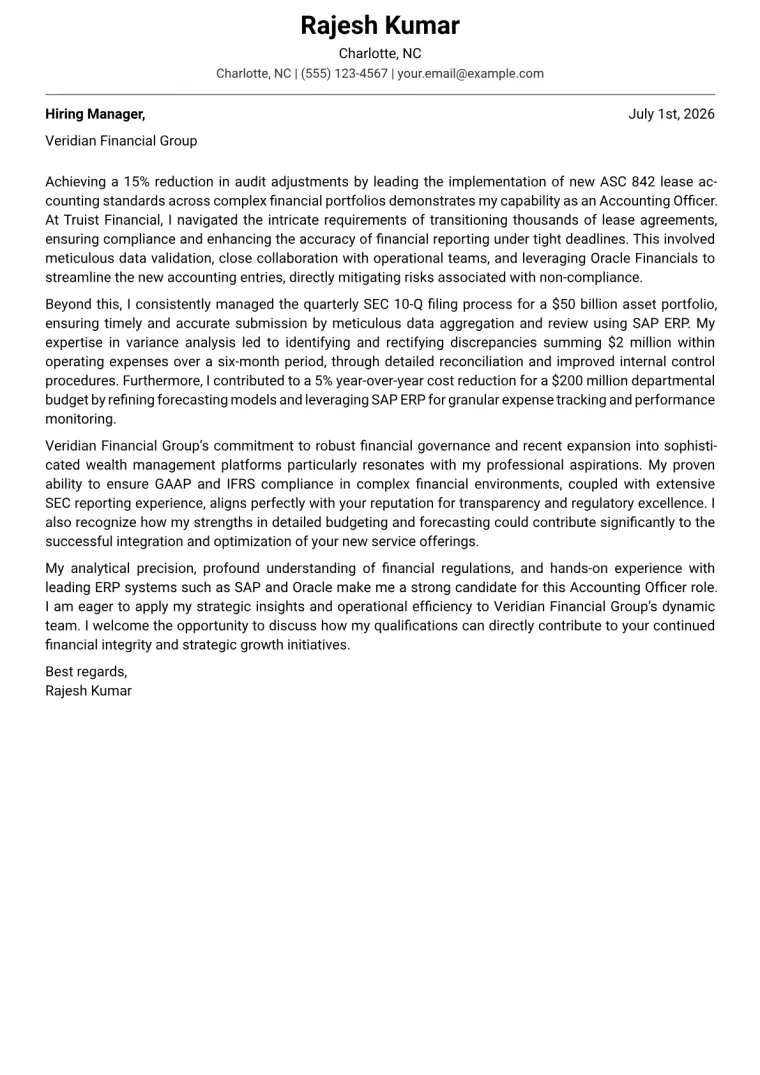 Accounting Officer Cover Letter Example
