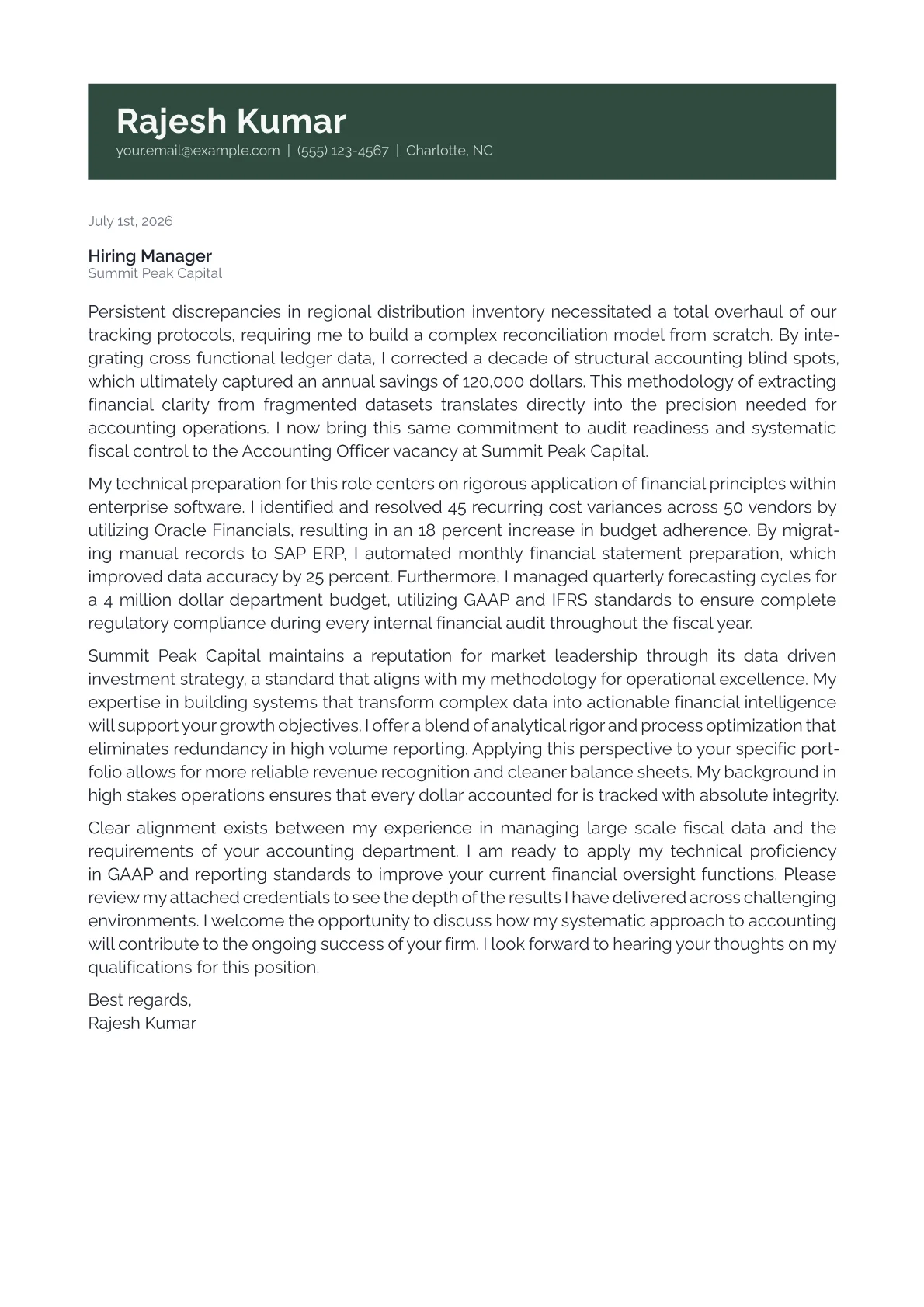 Accounting Officer cover letter in the Banner design