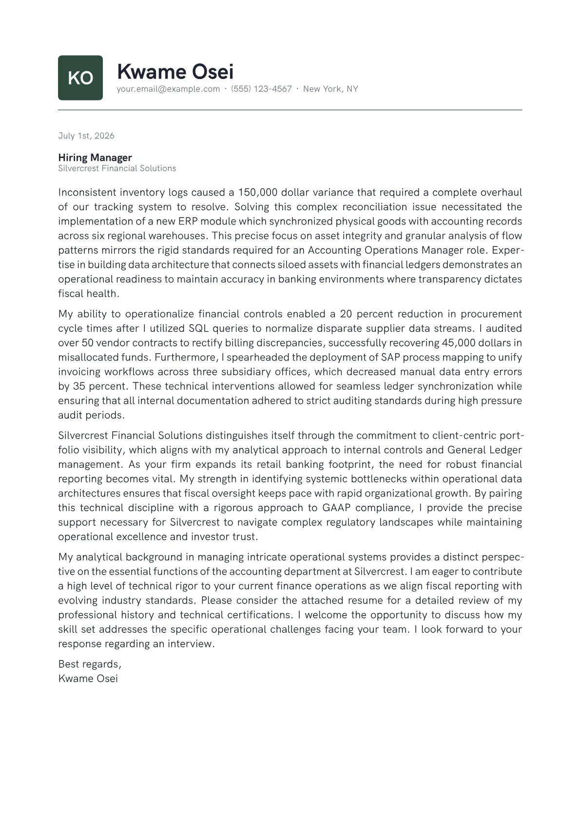 Accounting Operations Manager cover letter in the Emblem design