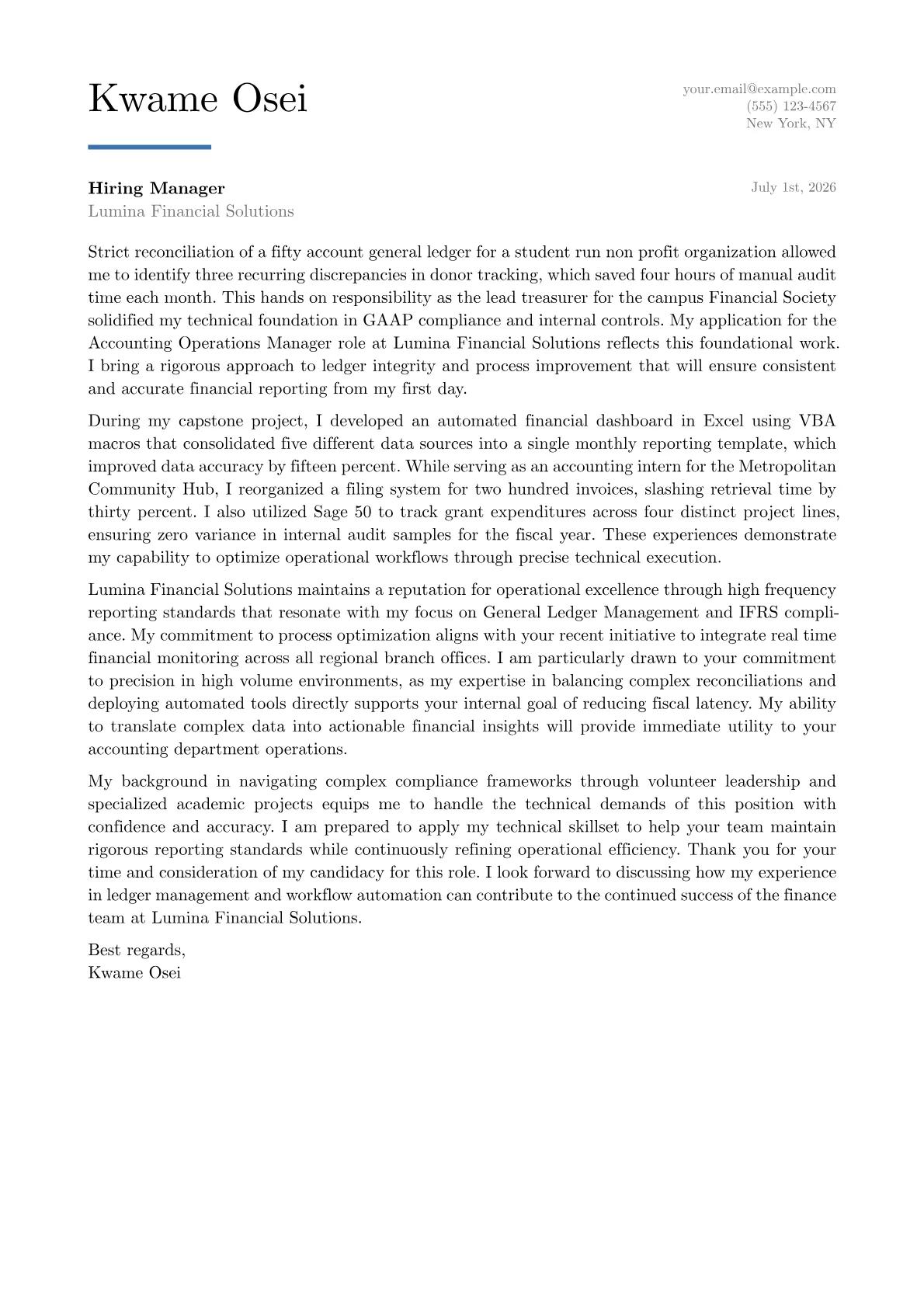 Accounting Operations Manager cover letter in the Executive design