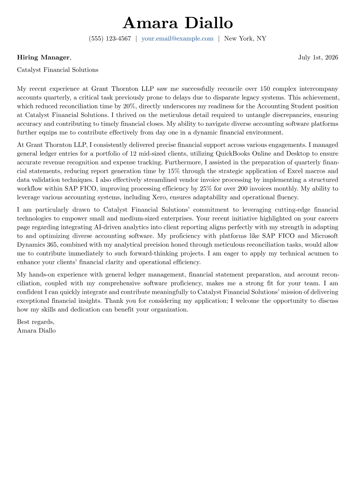 Accounting Student cover letter formatted with a JobSprout template