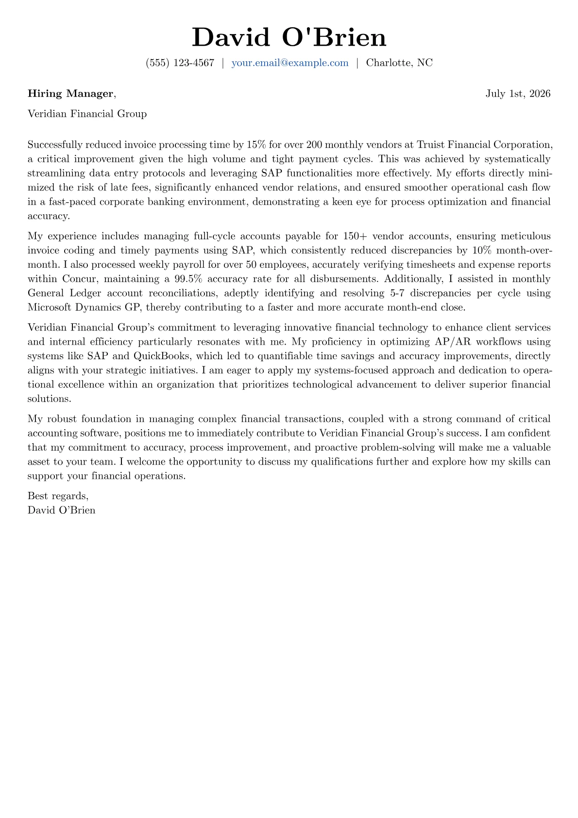 Accounts Administrator cover letter formatted with a JobSprout template