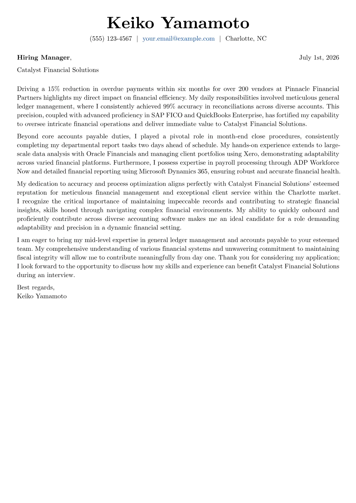 Accounts Clerk cover letter formatted with a JobSprout template