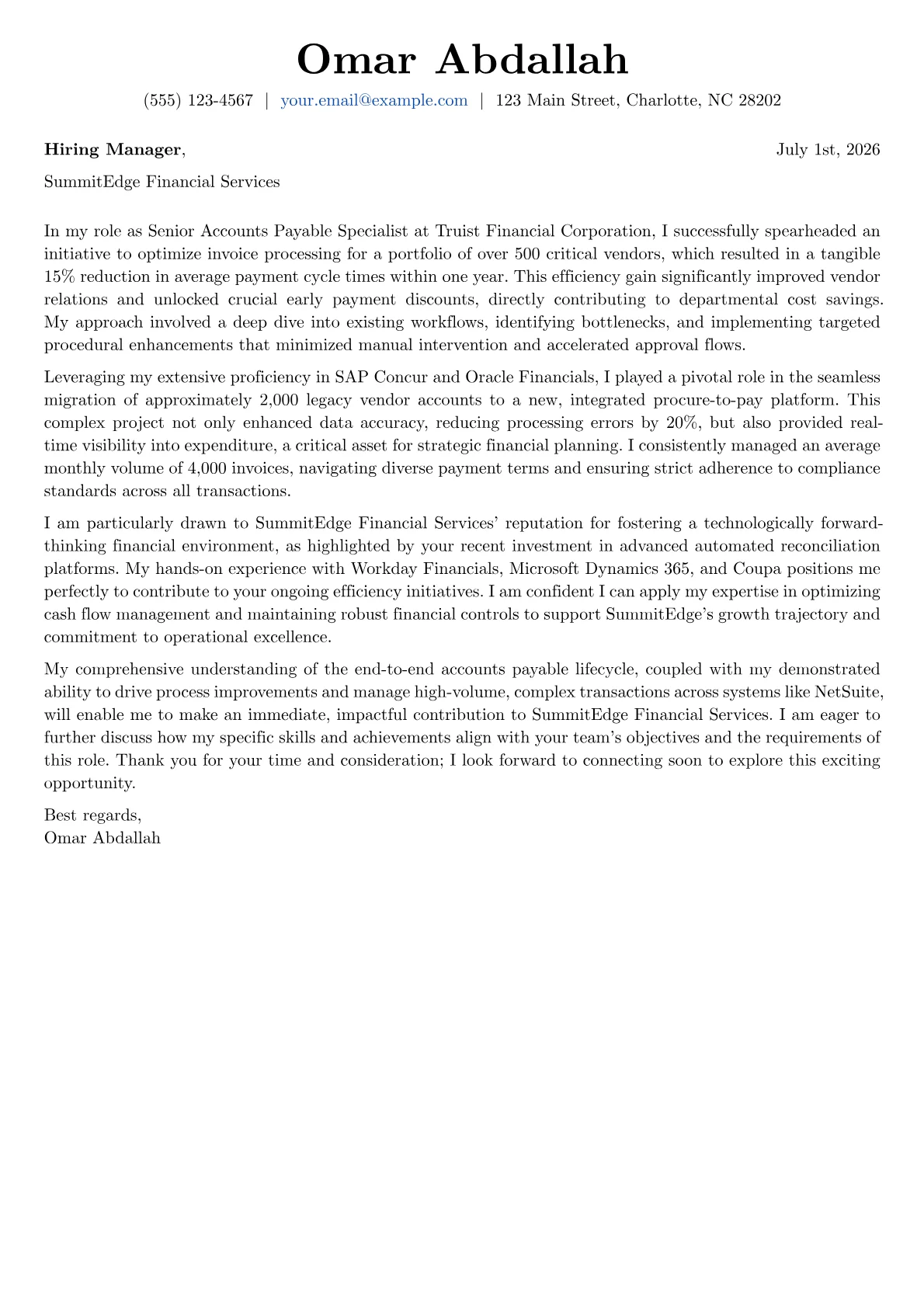 Accounts Payable cover letter formatted with a JobSprout template