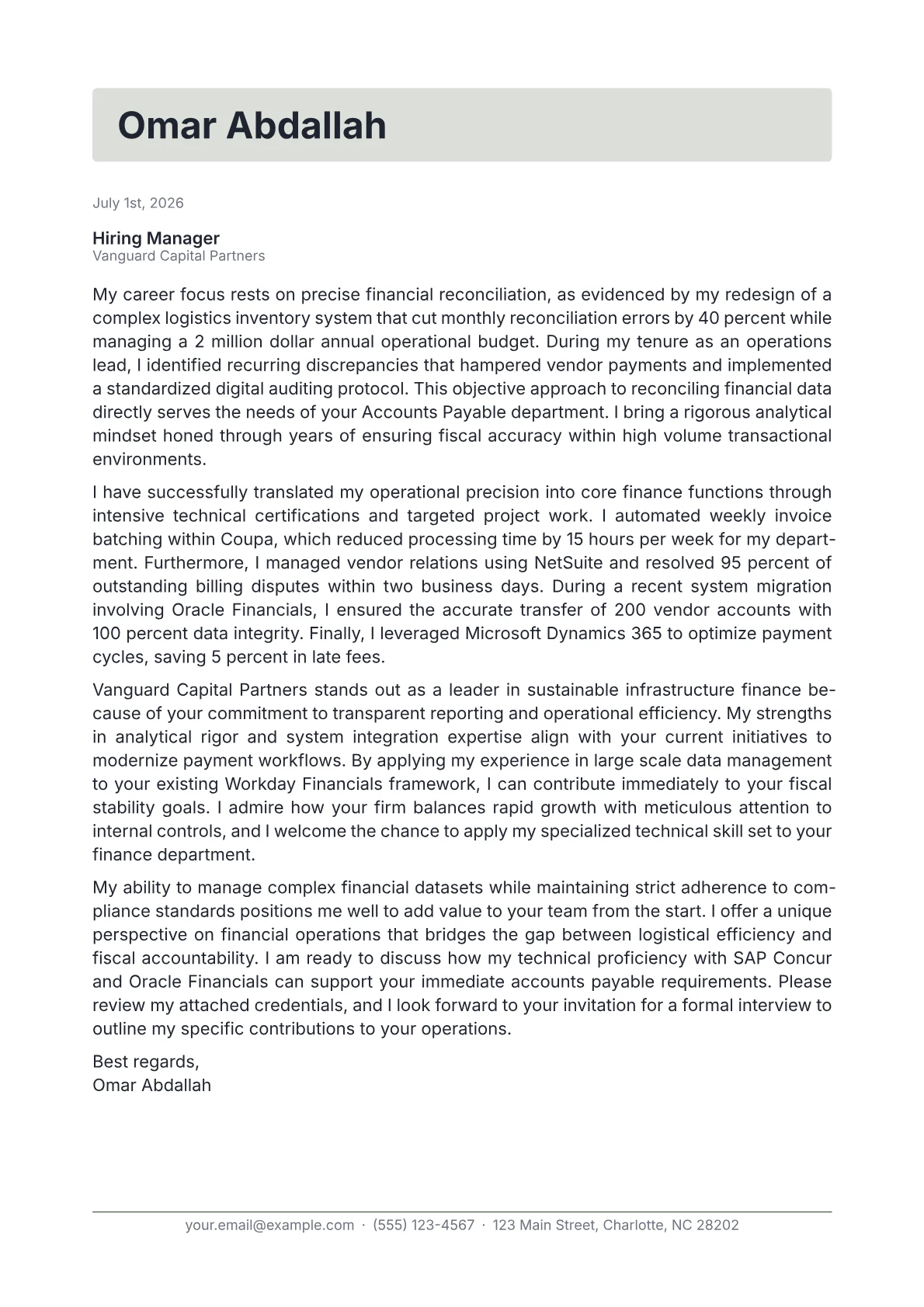 Accounts Payable cover letter in the Letterhead design