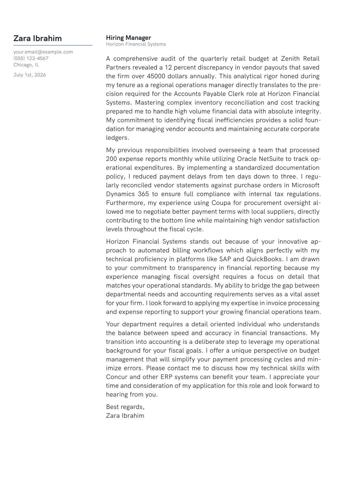 Accounts Payable Clerk cover letter in the Margin design
