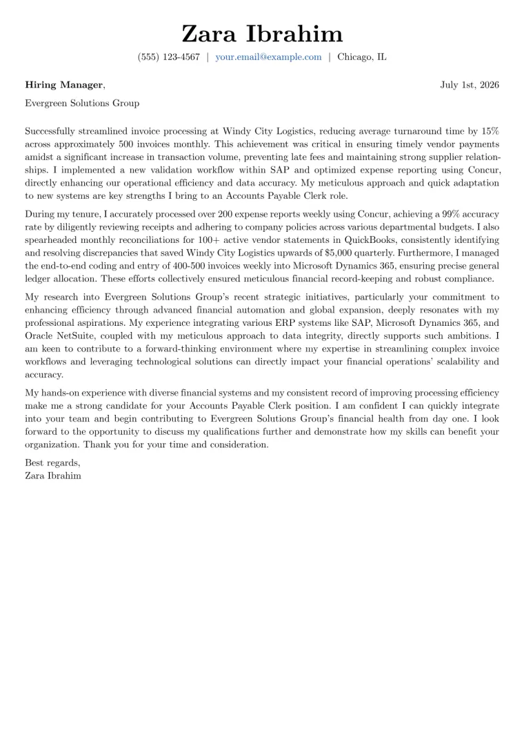 Accounts Payable Clerk Cover Letter Example