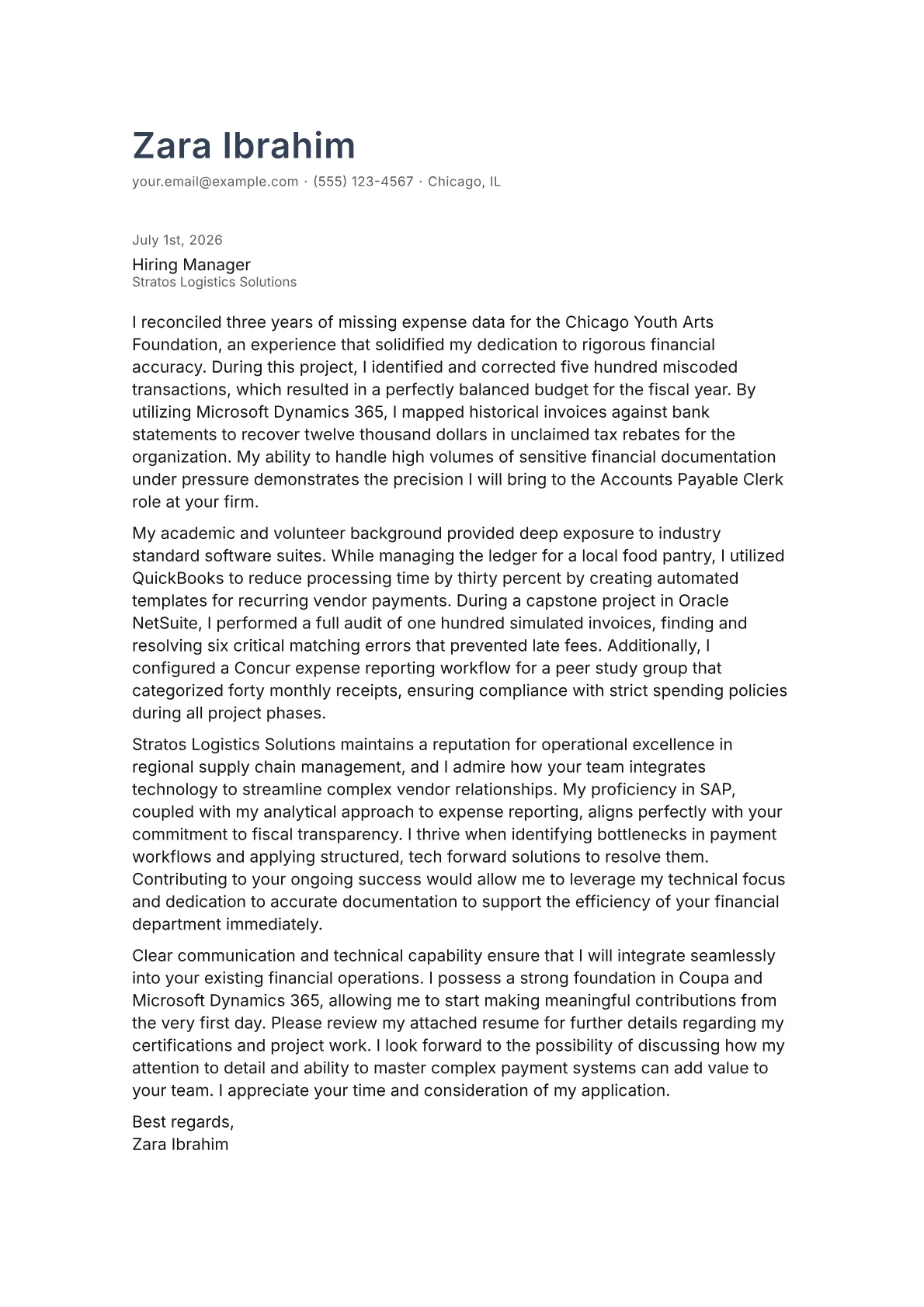 Accounts Payable Clerk cover letter in the Minimal design