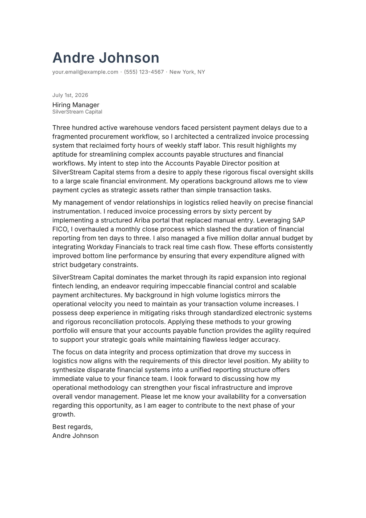 Accounts Payable Director cover letter in the Minimal design