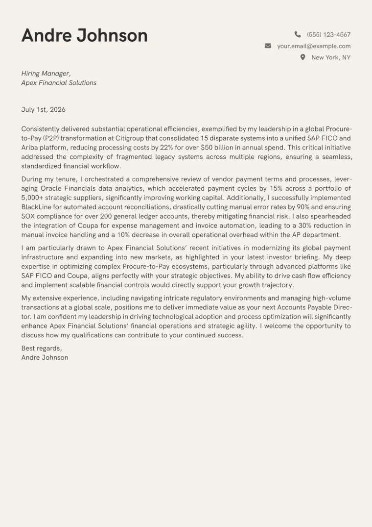 Accounts Payable Director Cover Letter Example