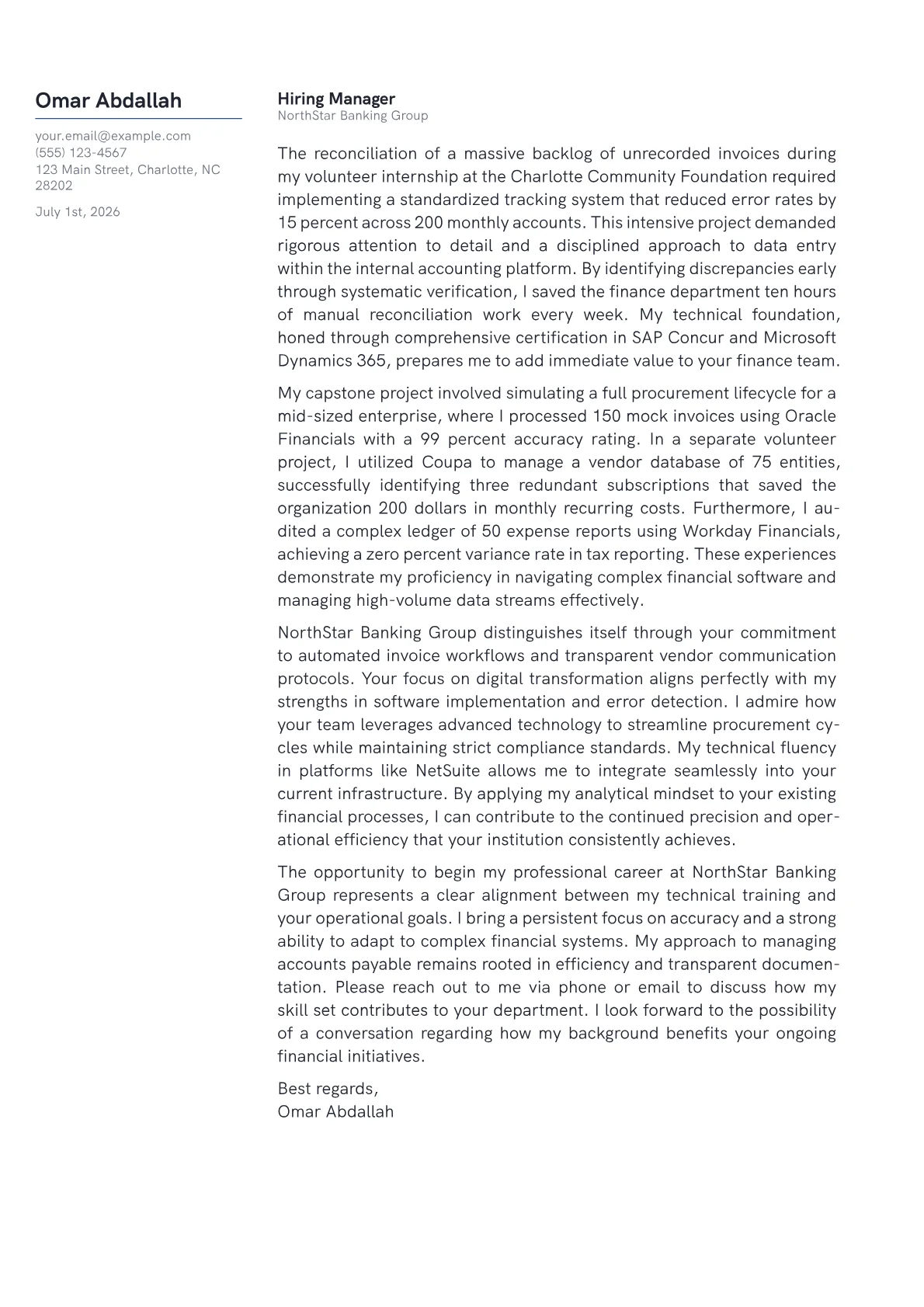 Accounts Payable cover letter in the Margin design