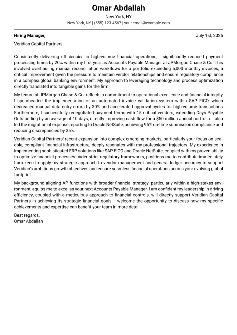Accounts Payable Manager cover letter example preview