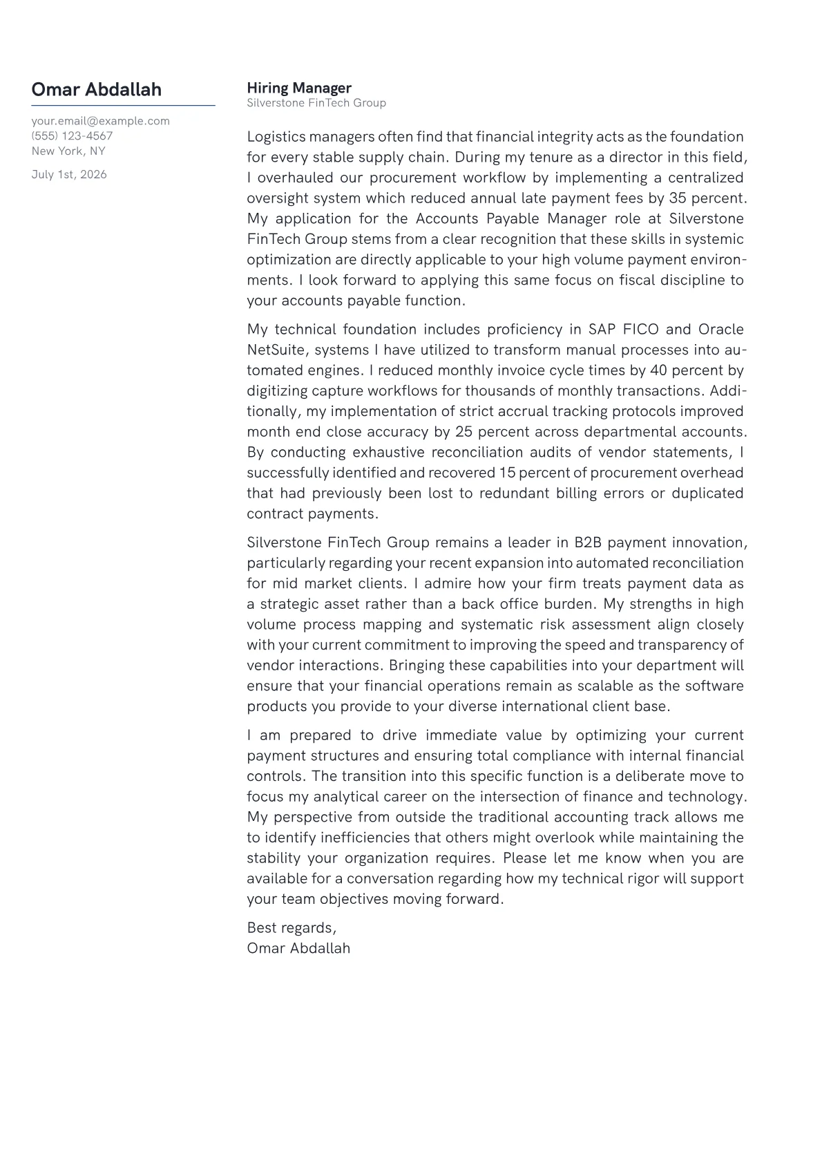 Accounts Payable Manager cover letter in the Margin design