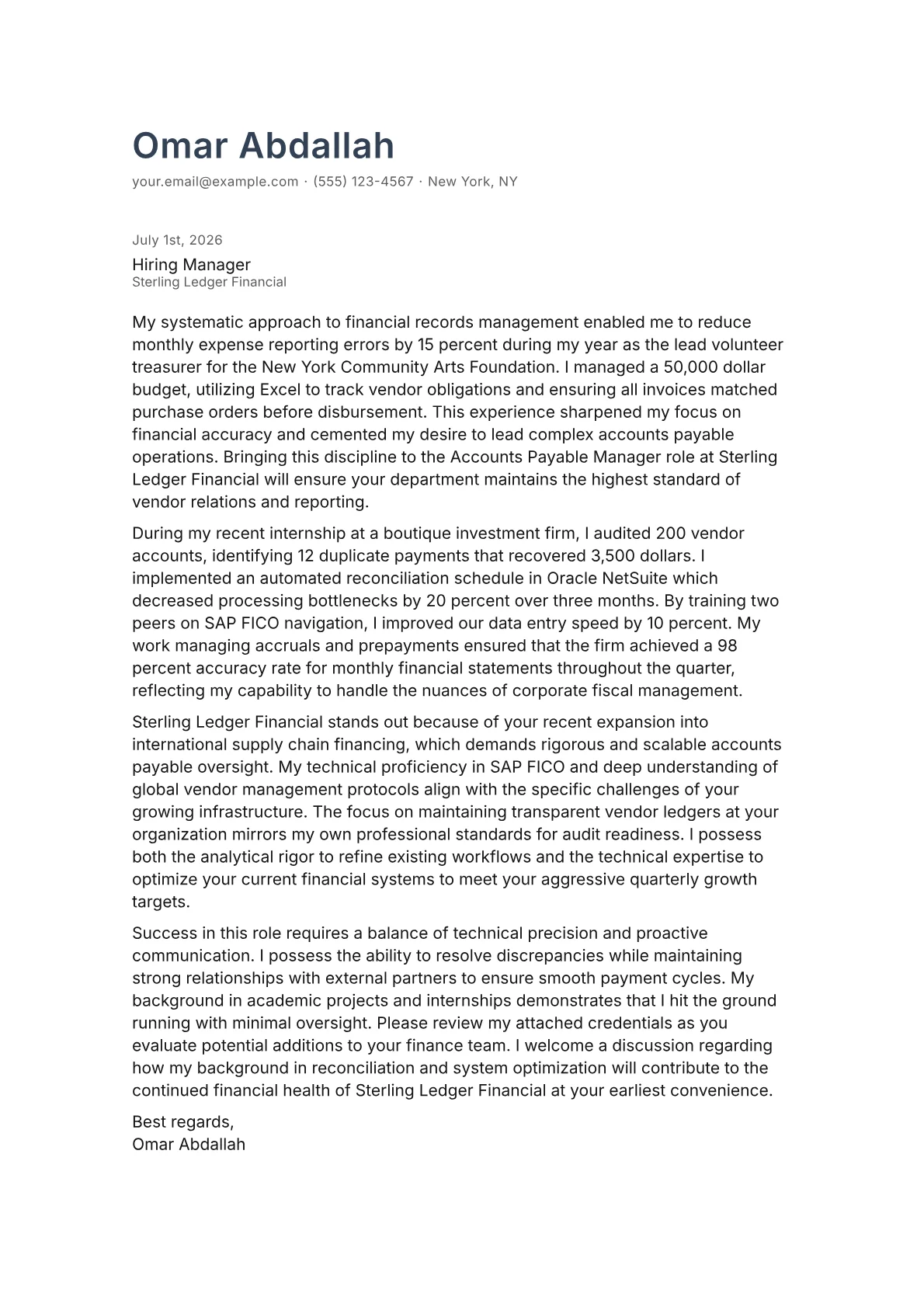 Accounts Payable Manager cover letter in the Minimal design