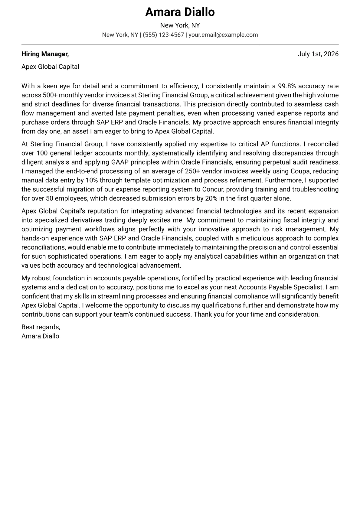 Accounts Payable Specialist cover letter formatted with a JobSprout template