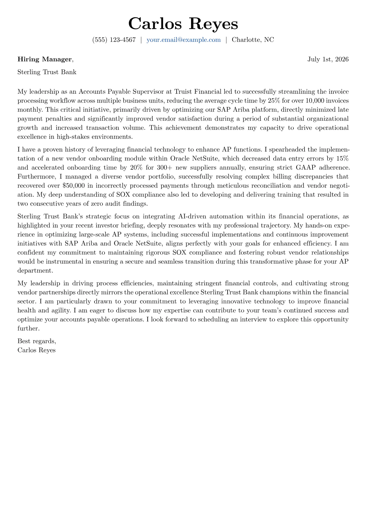 Accounts Payable Supervisor cover letter formatted with a JobSprout template