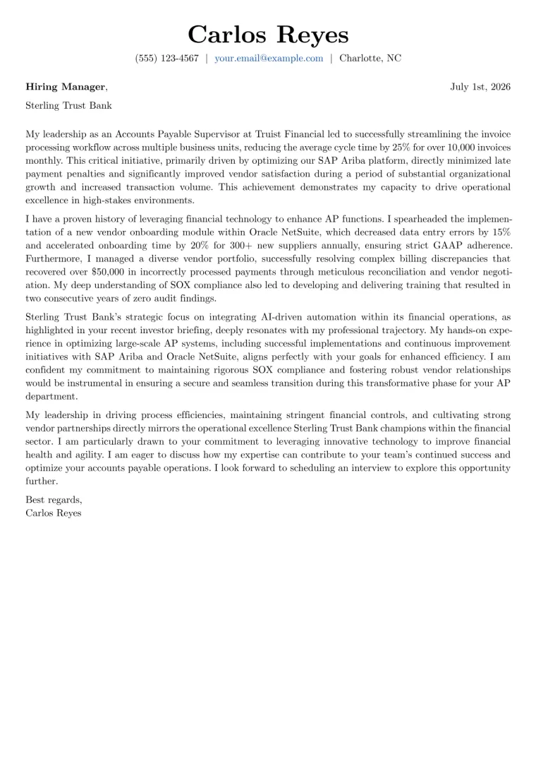 Accounts Payable Supervisor Cover Letter Example
