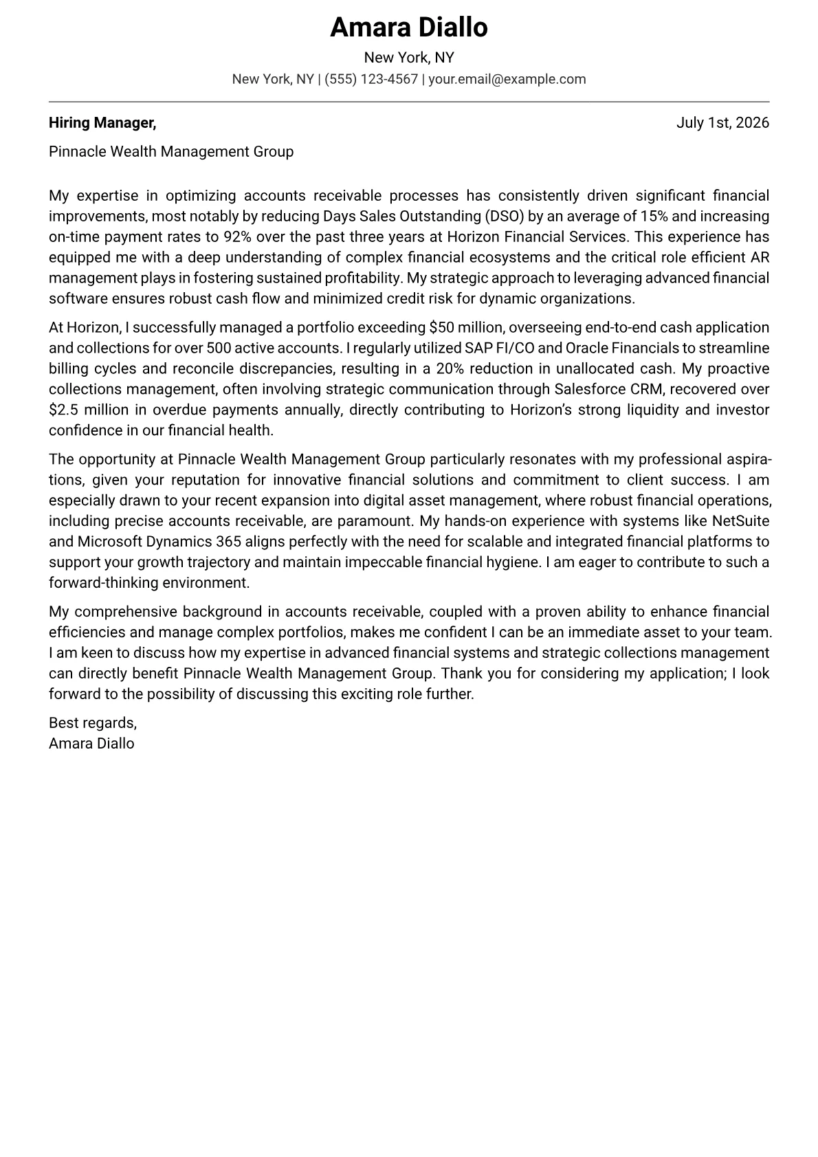 Accounts Receivable cover letter formatted with a JobSprout template