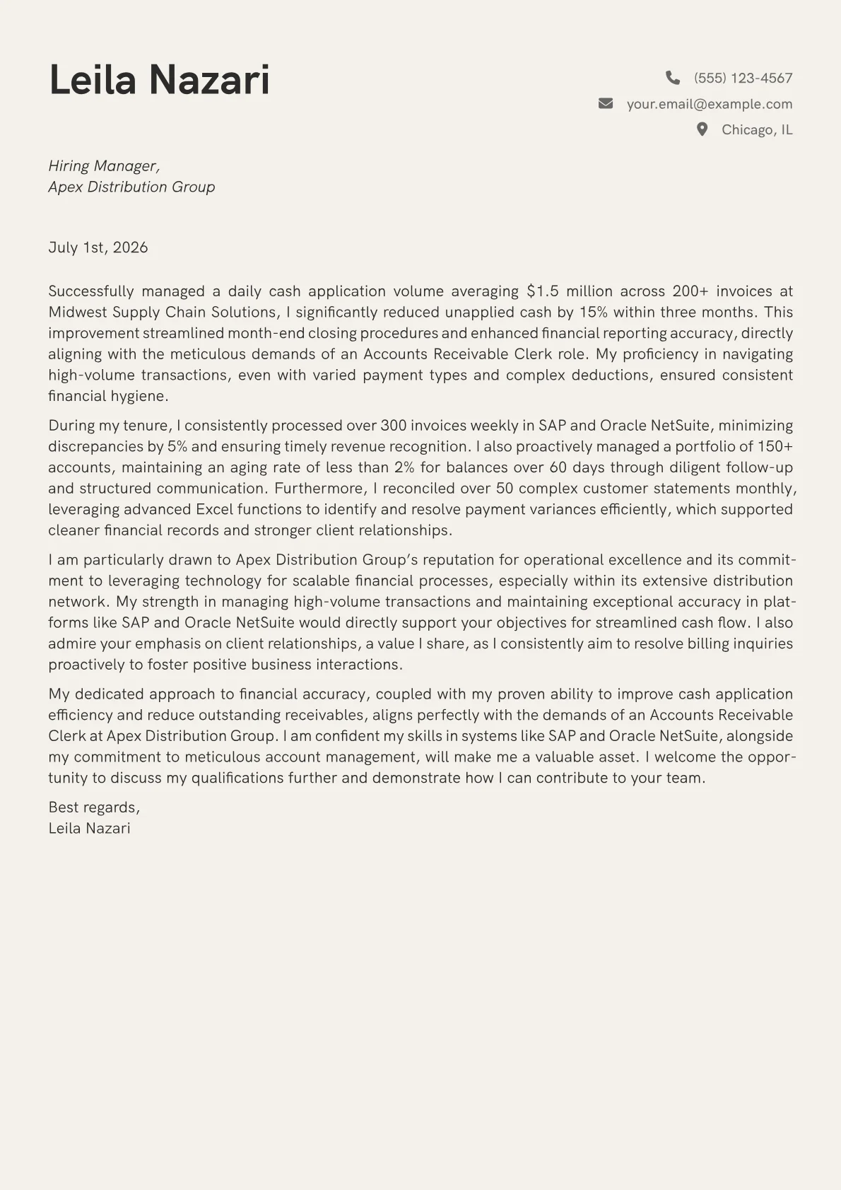 Accounts Receivable Clerk cover letter formatted with a JobSprout template