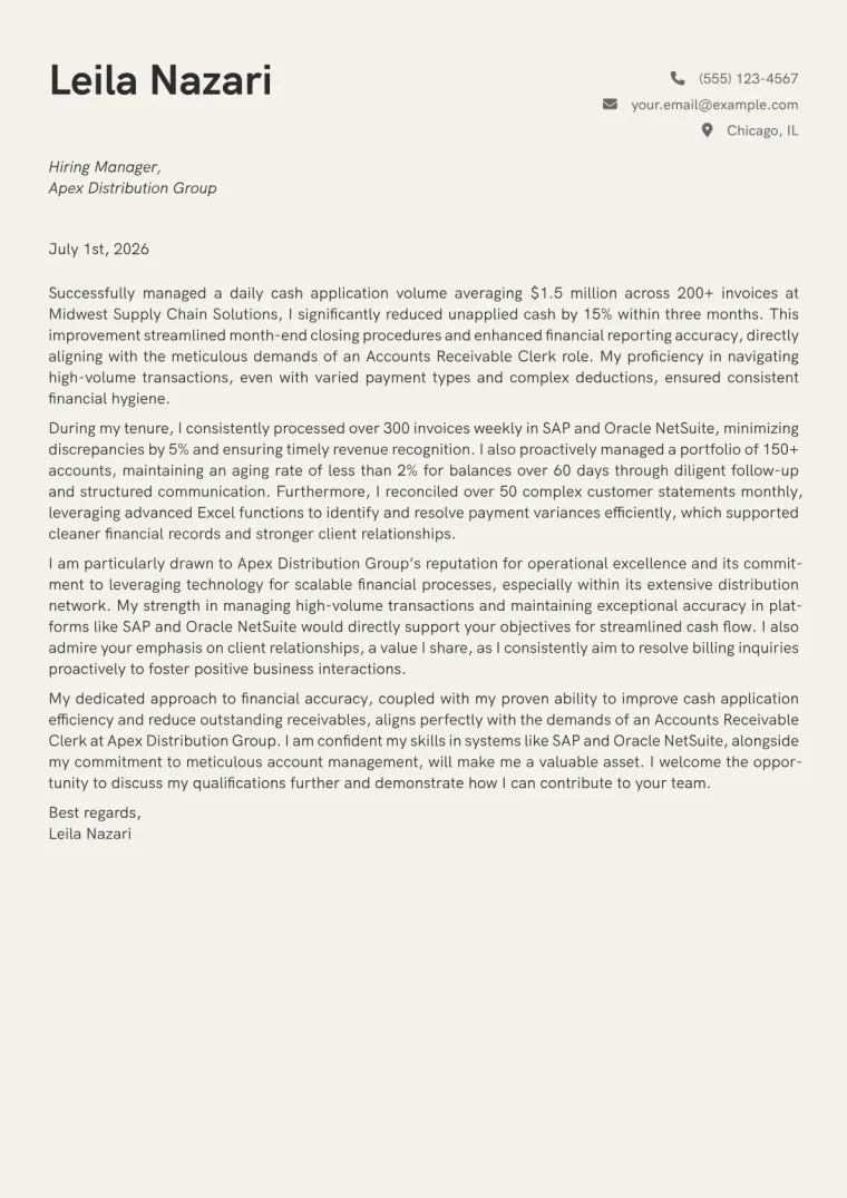 Accounts Receivable Clerk Cover Letter Example
